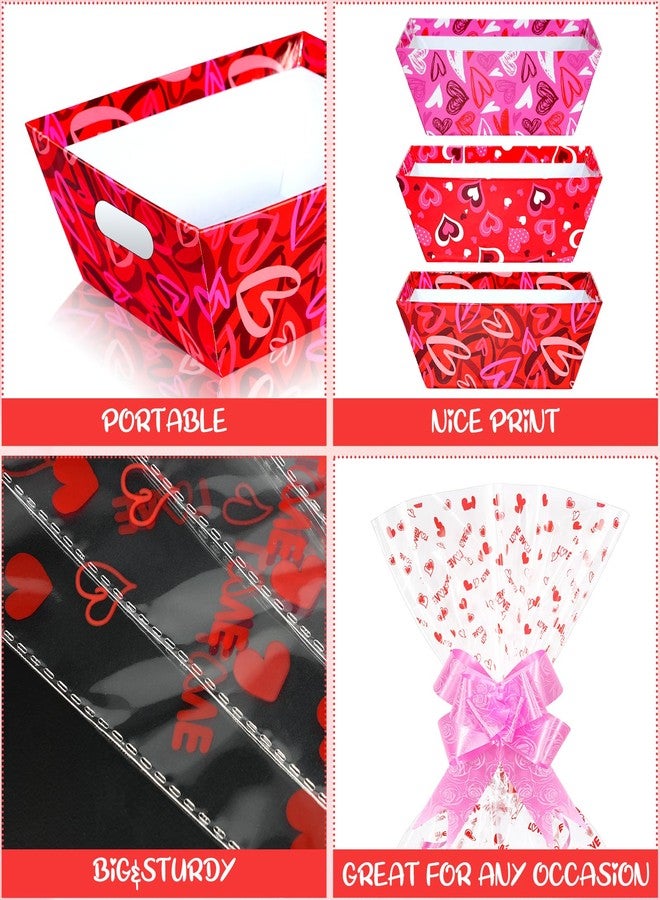 Hallswl 12 Set Valentines Day Empty Gifts Baskets with Cellophane Basket Bags and Bows Ribbons,Red Pink Heart Market Tray Cardboard Gift Basket Bulk Empty To Fill For Valentine's Day Birthday Wedding Decor - Image 3